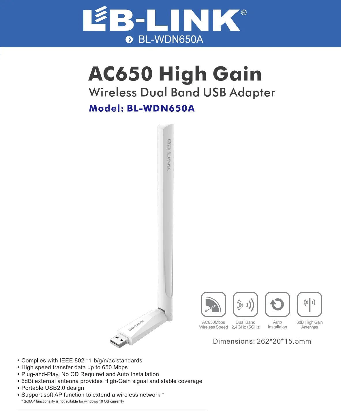 LB-LINK 650Mbps High Gain Wireless Dual Band USB WiFi Adapter BL-WDN650A