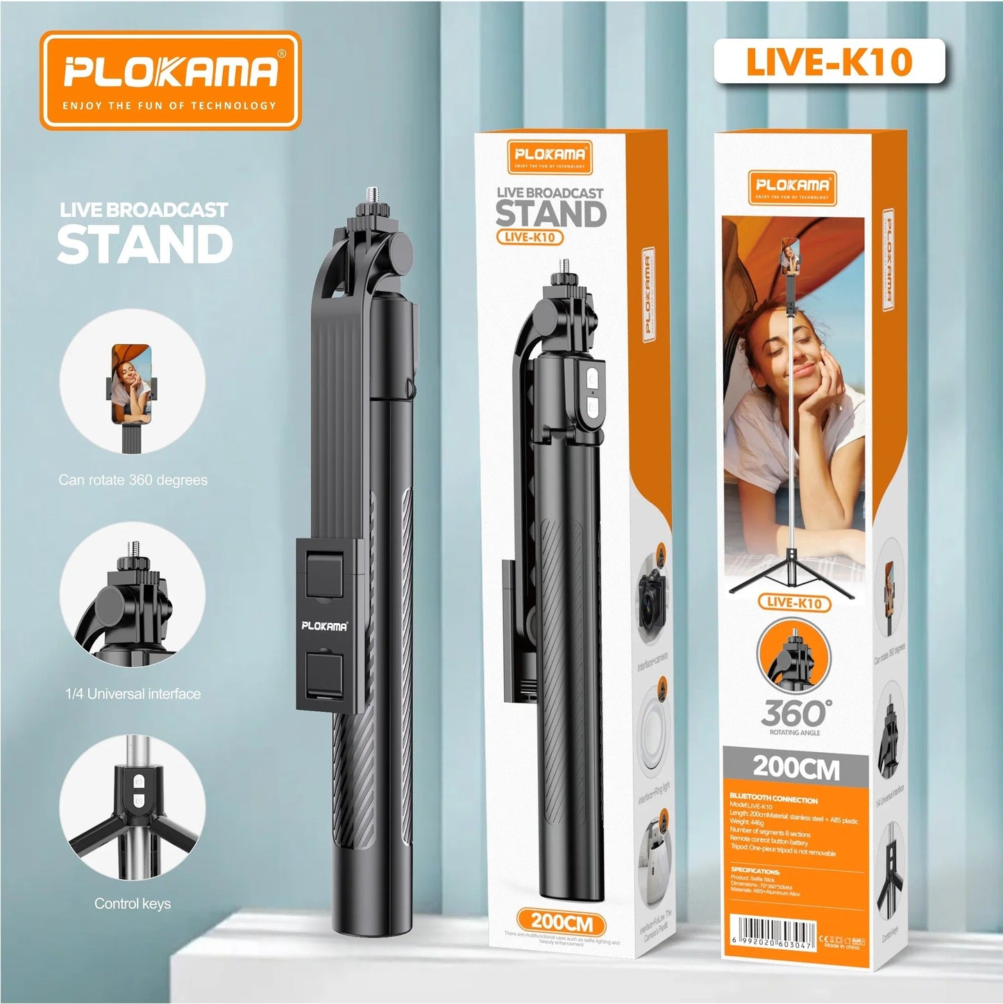 PLOKAMA Live-K10 Tripod Holder, Selfie Stick 200cm (2m)