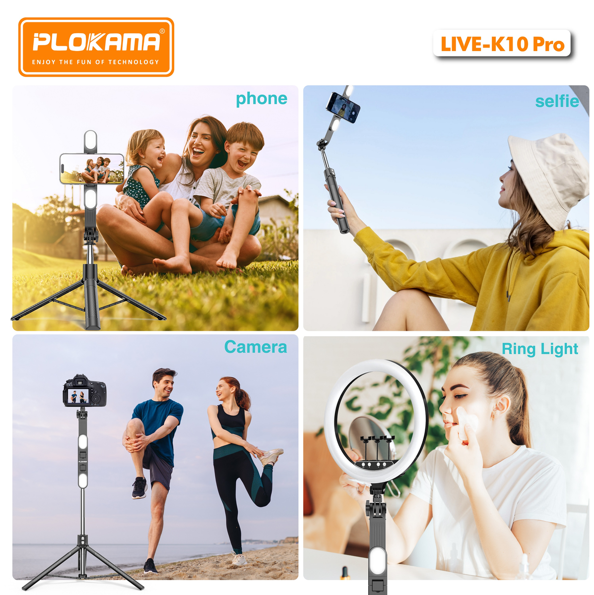 PLOKAMA Live-K10 Pro Tripod Holder with LED Light, Selfie Stick -200cm (2m)