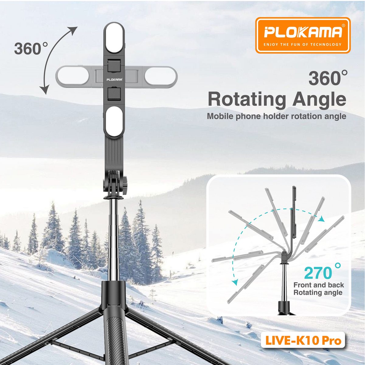 PLOKAMA Live-K10 Pro Tripod Holder with LED Light, Selfie Stick -200cm (2m)