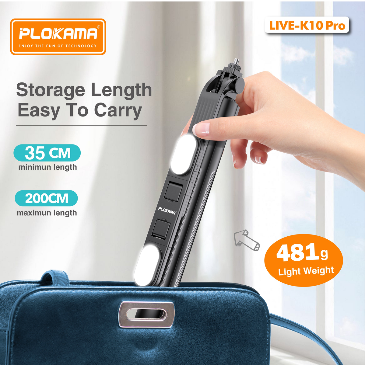 PLOKAMA Live-K10 Pro Tripod Holder with LED Light, Selfie Stick -200cm (2m)