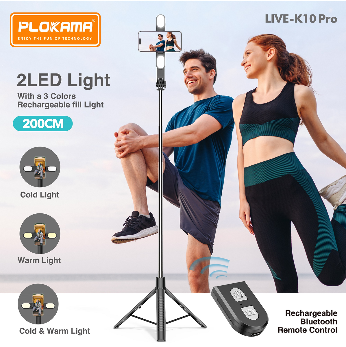 PLOKAMA Live-K10 Pro Tripod Holder with LED Light, Selfie Stick -200cm (2m)