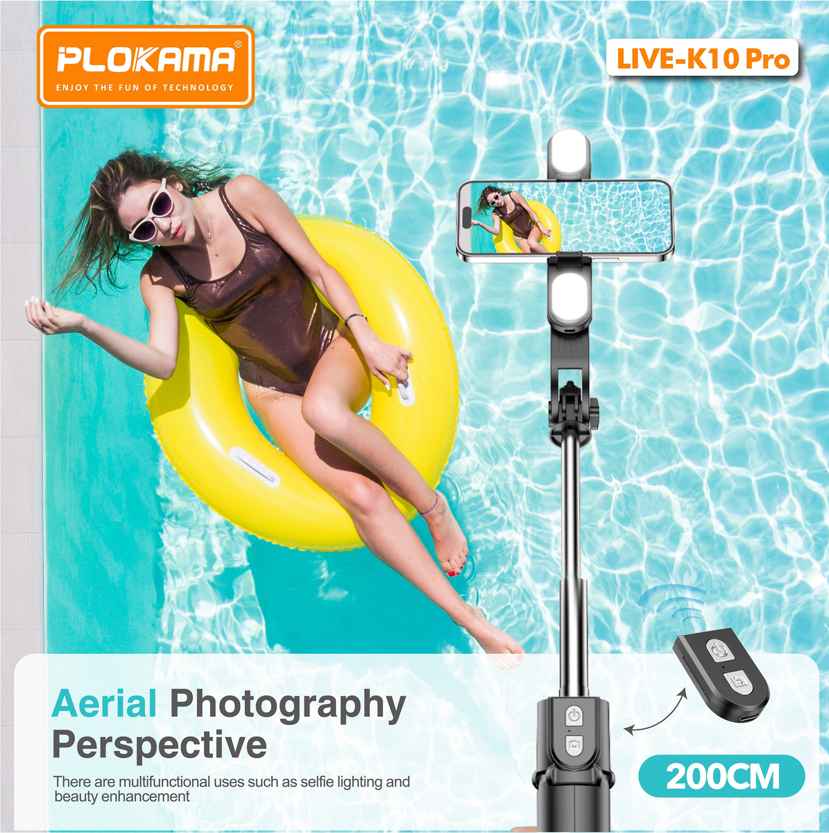 PLOKAMA Live-K10 Pro Tripod Holder with LED Light, Selfie Stick -200cm (2m)