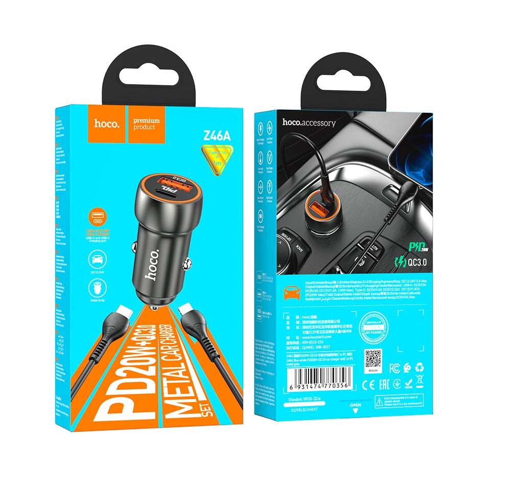 Hoco Z46A PD 20W + QC3.0 Metal Car Charger with 1m Lightning Cable