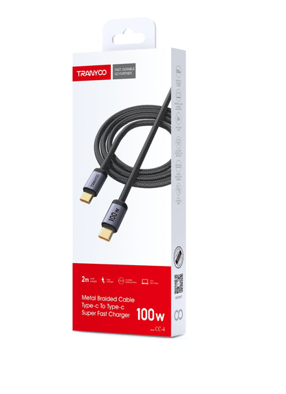 Tranyoo 100W Metal Braided Type-C - 2M Fast Charging Cable