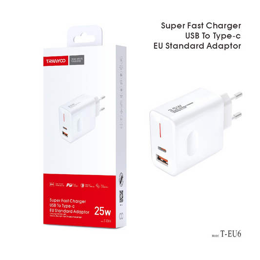 TRANYOO 25W Super Fast & Fast Charging Adapter Dual Port (PD + QC3.0)