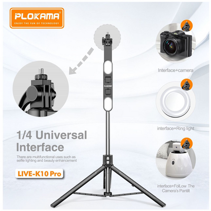 PLOKAMA Live-K10 Pro Tripod Holder with LED Light, Selfie Stick -200cm (2m)