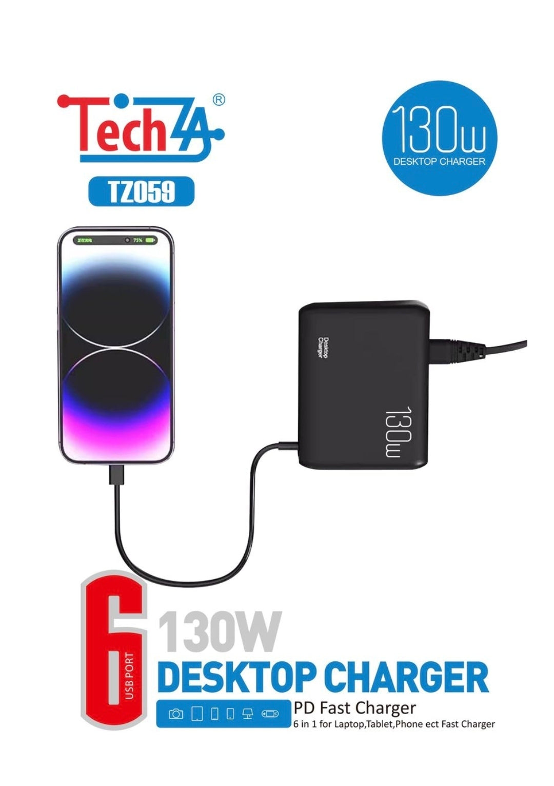 TechZA 130W 6-in-1 Desktop Charging Station - 4 Type-C + 2 USB-TZ059