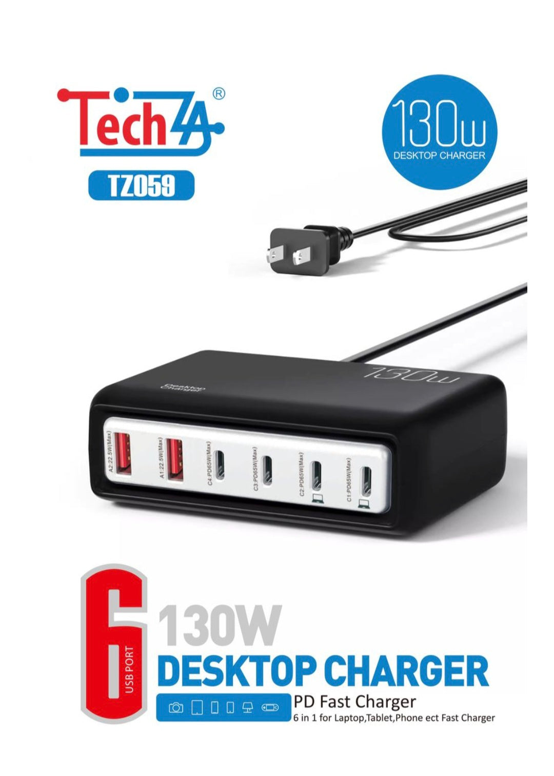 TechZA 130W 6-in-1 Desktop Charging Station - 4 Type-C + 2 USB-TZ059