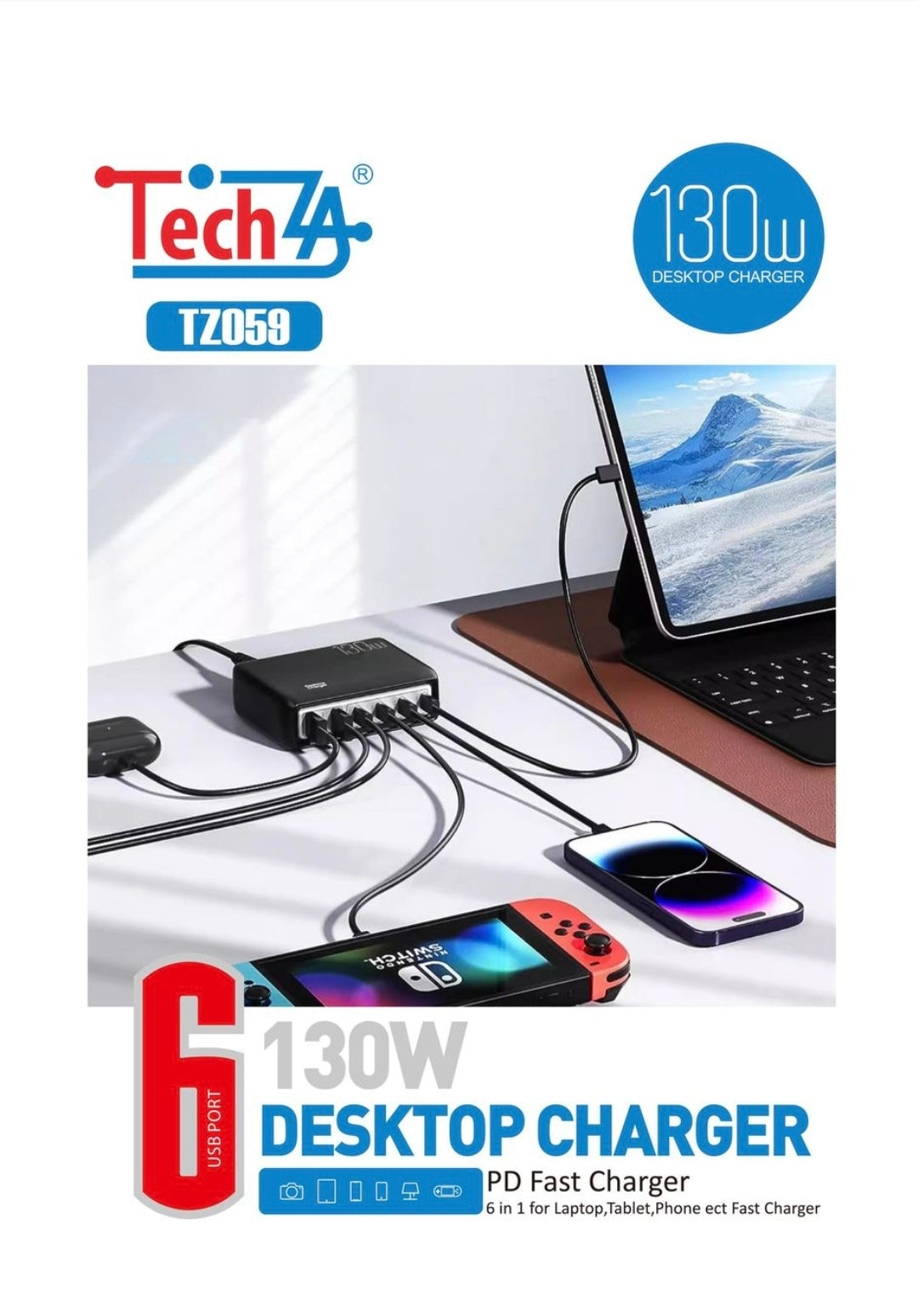 TechZA 130W 6-in-1 Desktop Charging Station - 4 Type-C + 2 USB-TZ059