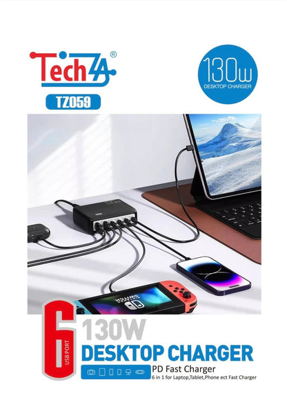 TechZA 130W 6-in-1 Desktop Charging Station - 4 Type-C + 2 USB-TZ059