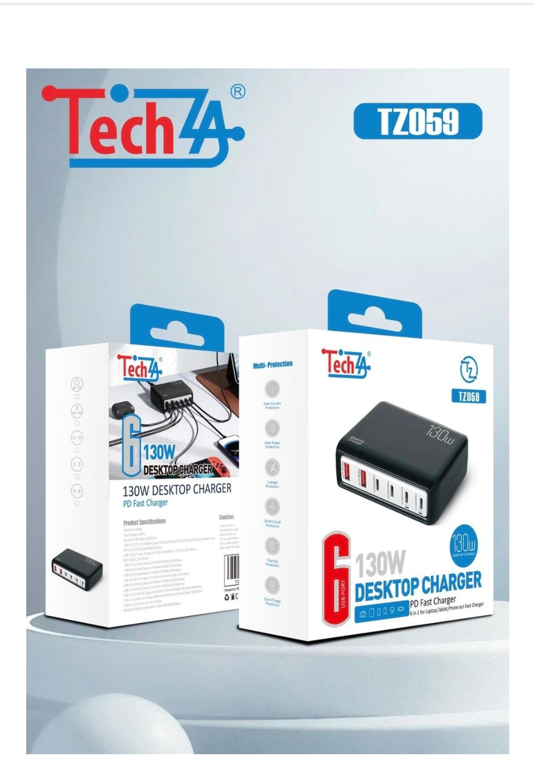 TechZA 130W 6-in-1 Desktop Charging Station - 4 Type-C + 2 USB-TZ059