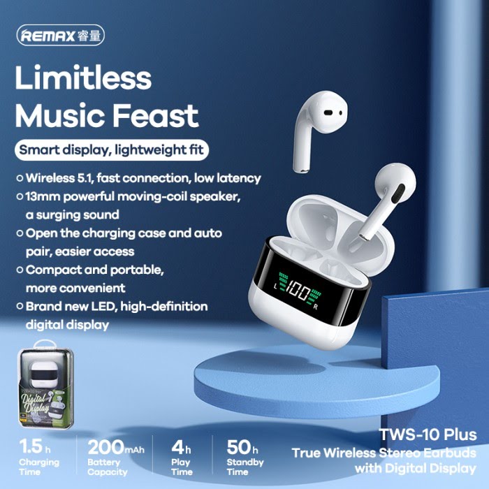 Remax TWS-10 Plus Dynamic Mini HIFI Metal Bluetooth Headphones Digital Display In Ear Stereo Fidelity Music Wireless Earphones