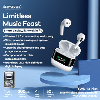 Remax TWS-10 Plus Dynamic Mini HIFI Metal Bluetooth Headphones Digital Display In Ear Stereo Fidelity Music Wireless Earphones